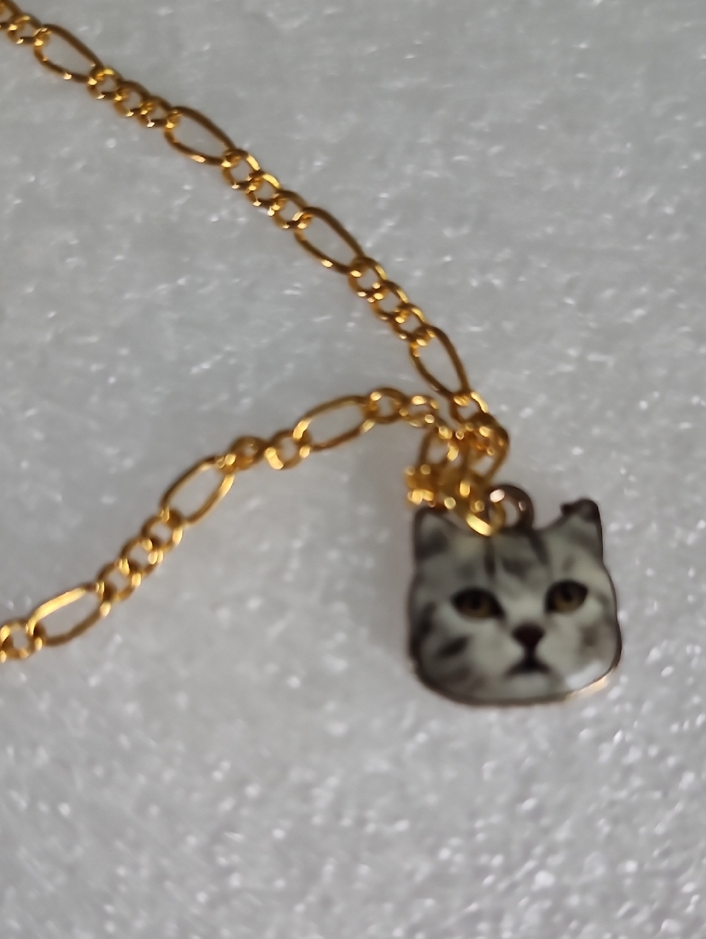 Hand Crafted Gold-Tone Chain Bracelet / Anklet with Gray & White Cat Face Charm